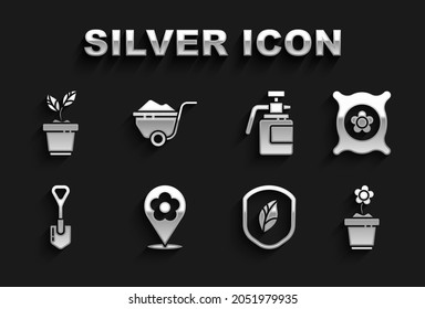 Set Location with flower, Pack full of seeds of plant, Flower in pot, Shield leaf, Shovel, Garden sprayer for fertilizer, Plant and Wheelbarrow dirt icon. Vector