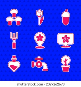 Set Location with flower, Water tap, Forest, Bottle love potion, Garden rake, Acorn and Mushroom icon. Vector