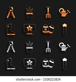 Set Location with flower, Watering can, Carrot, Easter egg, Rubber gloves, Garden rake, Gardening handmade scissors and Plant pot icon. Vector