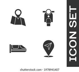 Set Location, Folded map with location, High-speed train and Scooter icon. Vector