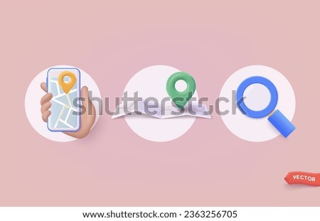 Set of location folded paper map, search bar and pin isolated. GPS and Navigation Symbol. Element for Map, Social Media, Mobile Apps. 3D Web Vector Illustrations.