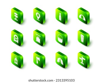 Set Location of the forest, Bottle water, Tourist tent, Sleeping bag, Road traffic signpost, Camping pot,  and Wooden axe icon. Vector