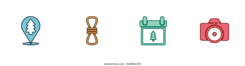 Set Location of the forest, Climber rope, Calendar with tree and Photo camera icon. Vector