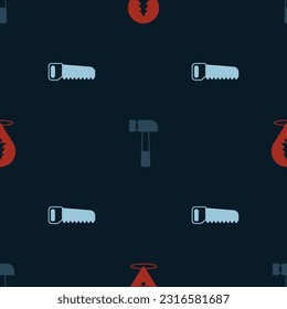 Set Location of the forest, Hammer and Hand saw on seamless pattern. Vector