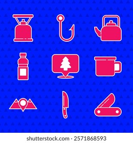 Set Location of the forest, Knife, Swiss army knife, Camping metal mug, mountains, Bottle water, Kettle with handle and gas stove icon. Vector