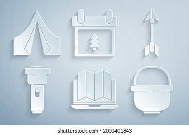 Set Location of the forest in laptop, Hipster arrow, Flashlight, Camping pot, Calendar with tree and Tourist tent icon. Vector