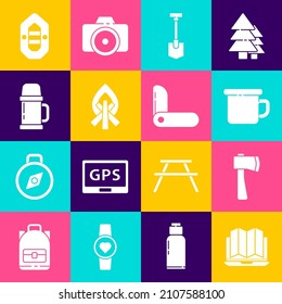 Set Location of the forest in laptop, Wooden axe, Camping metal mug, Shovel, Campfire, Thermos container, Rafting boat and Swiss army knife icon. Vector