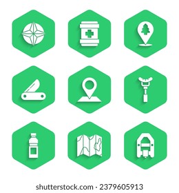 Set Location, of the forest map, Rafting boat, Sausage fork, Bottle water, Swiss army knife,  and Wind rose icon. Vector