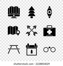 Set Location of the forest in monitor, Tree, Kayak canoe, Picnic table with benches, Calendar tree, Binoculars, map and Crossed arrows icon. Vector