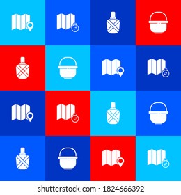Set Location of the forest on map, , Canteen water bottle and Camping pot icon. Vector.