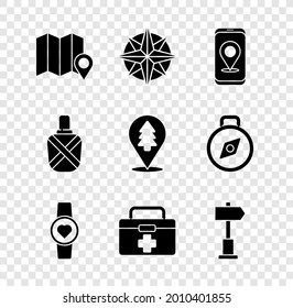 Set Location of the forest on map, Wind rose, City navigation, Smart watch showing heart beat rate, First aid kit, Road traffic signpost, Canteen water bottle and  icon. Vector