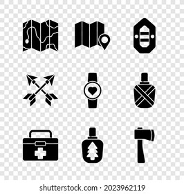 Set Location of the forest on map, Rafting boat, First aid kit, Canteen water bottle, Wooden axe, Crossed arrows and Smart watch showing heart beat rate icon. Vector