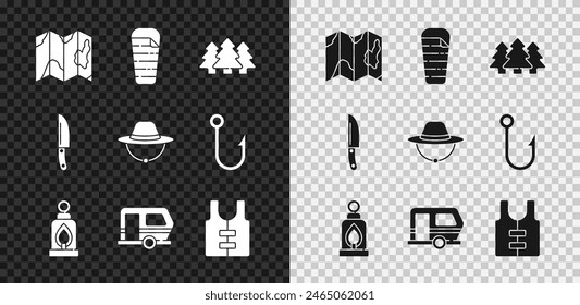 Set Location of the forest on map, Sleeping bag, Forest, Camping lantern, Rv trailer, Life jacket, Knife and hat icon. Vector