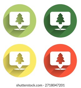 Set Location of the forest on a map icon isolated with long shadow background. Color circle button. Vector