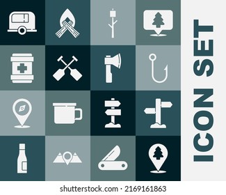 Set Location of the forest, Road traffic signpost, Fishing hook, Marshmallow stick, Paddle, First aid kit, Rv Camping trailer and Wooden axe icon. Vector