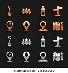Stellen Sie die Position des Waldes, Straßenverkehrs-Wegweiser, Karte, Kompass, Flaschenwasser, Schaufel und Wald-Symbol. Vektorgrafik
