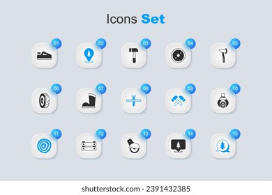 Set Location of the forest, Waterproof rubber boot, Tree rings, Grapple crane grabbed log, Wood plane tool and Metallic nail icon. Vector