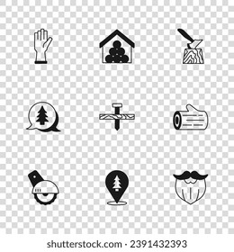 Set Location of the forest, Wooden log, Mustache and beard, Metallic nail, axe in stump, Protective gloves, logs and Tree icon. Vector