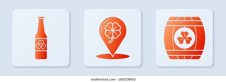Set Location and four leaf clover, Beer bottle with four leaf clover and Wooden barrel with four leaf clover. White square button. Vector