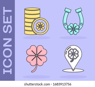 Set Location and four leaf clover, Gold coin with four leaf clover, Four leaf clover and Horseshoe with four leaf clover icon. Vector