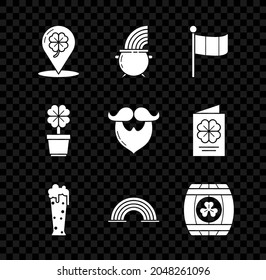 Set Location and four leaf clover, Witch cauldron rainbow, National Ireland flag, Glass of beer, Rainbow, Wooden barrel with, Four pot and Mustache beard icon. Vector