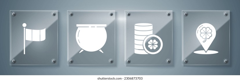 Set Location and four leaf clover, Gold coin with four leaf clover, Witch cauldron and National Ireland flag. Square glass panels. Vector