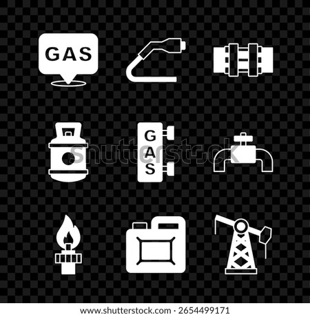 Set Location and gas station, Electrical cable plug charging, Metallic pipes valve, Oil rig with fire, Canister for motor oil, pump pump jack, Propane tank and Gas filling icon. Vector