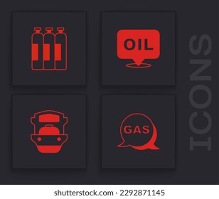 Set Location and gas station, Industrial cylinder tank, Word oil and Oil tanker ship icon. Vector
