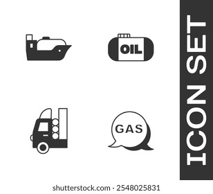 Definir Localização e posto de gasolina, Navio petroleiro, Gás para veículo e ícone de armazenamento. Vetor