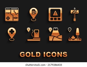 Set Location And Gas Station, Road Traffic Sign, City Map Navigation, With Mountain, Medical Location Cross, Gps Device Error, Infographic Of City And Alcohol Beer Bar Icon. Vector