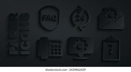 Set Location with gear, Envelope setting, Telephone, Clipboard question marks, 24 hours support and Shield text FAQ icon. Vector