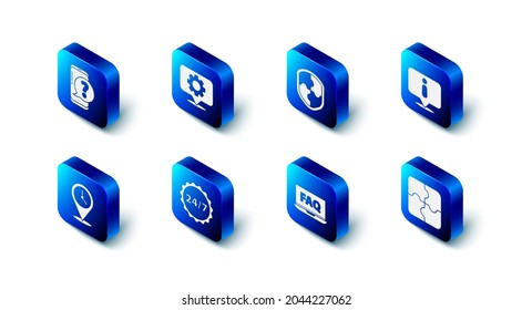 Establecer ubicación con engranaje, Escudo, Información, Pieza de rompecabezas, Portátil y Preguntas Frecuentes, Reloj 24 horas, reloj e ícono de pregunta de teléfono móvil. Vector