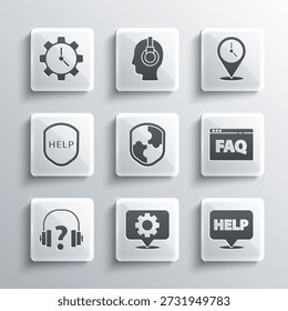 Set Location with gear, Speech bubble text Help, Browser FAQ, Shield, Headphones, Time Management and clock icon. Vector