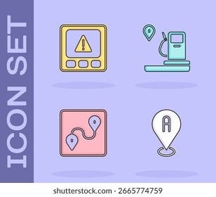 Set Location, Gps device error, Route location and and gas station icon. Vector