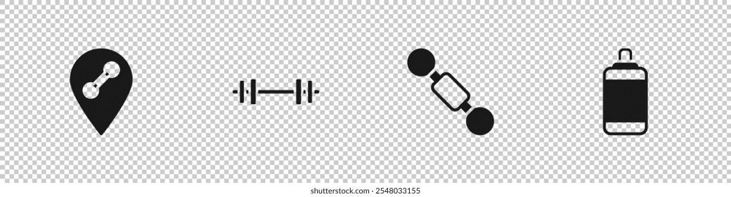 Set Location Fitnessraum, Barbell, Hantel und Punching Bag Symbol. Vektorgrafik