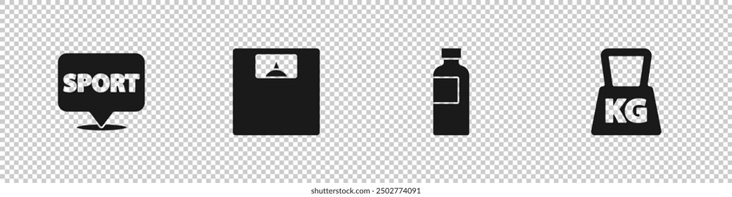 Set Location gym, Bathroom scales, Fitness shaker and Weight icon. Vector