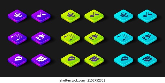 Set Location gym, Calendar fitness, Jump rope, Sports nutrition, Medal and Bodybuilder muscle icon. Vector