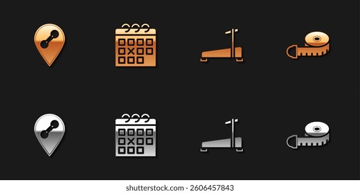 Set Location gym, Calendar fitness, Treadmill machine and Tape measure icon. Vector