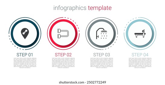 Set Location gym, Chest expander, Shower head and Bench with barbel. Business infographic template. Vector