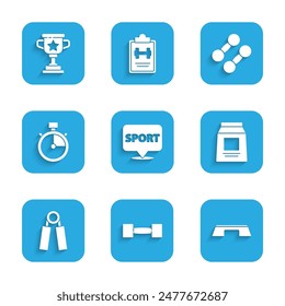 Set Location gym, Dumbbell, Step platform, Sports nutrition, expander, Stopwatch,  and Award cup icon. Vector