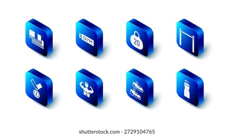 Conjunto de gimnasio de Locación, Kettlebell, barra Horizontal, coctelera de fitness, zapatillas deportivas, músculo del culturista, medalla y icono de pila de toallas. Vector