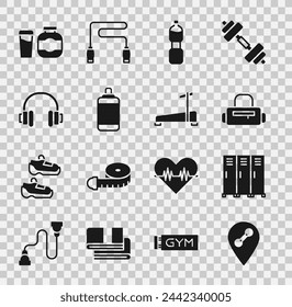 Set Location gym, Locker or changing room, Sport bag, Bottle of water, Punching, Headphones, Sports nutrition and Treadmill machine icon. Vector