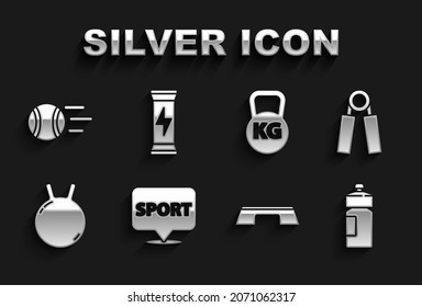 Set Location gym, Sport expander, Fitness shaker, Step platform, Kettlebell, Tennis ball and Sports nutrition icon. Vector