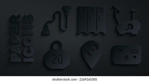 Set Location gym, Stationary bicycle, Kettlebell, Fitness club, card, Locker or changing room and Chest expander icon. Vector