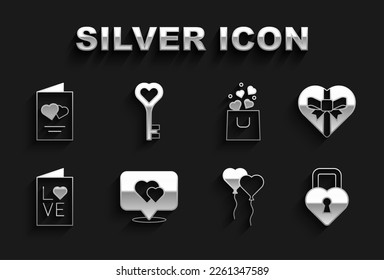 Set Location with heart, Candy in shaped box, Castle the of, Balloons form, Valentines day party flyer, Shopping bag,  and Key icon. Vector