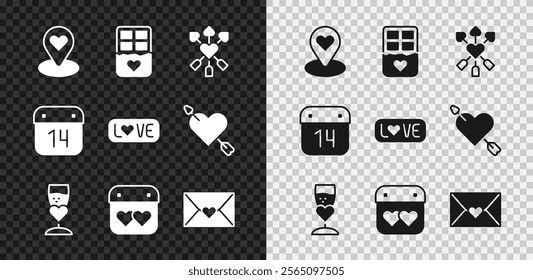 Set Location with heart, Chocolate bar, Amour and arrow, Glass of champagne, Calendar, Envelope Valentine, February 14 and Love text icon. Vector