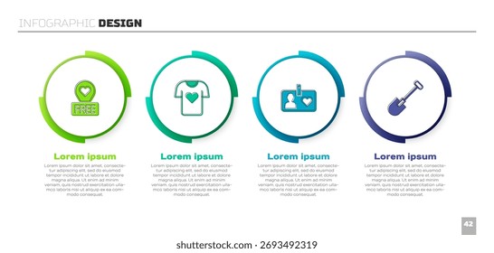 Locación con corazón, donación de ropa, tarjeta de identificación de voluntario o insignia y pala. Plantilla de infografía de negocios. Vector