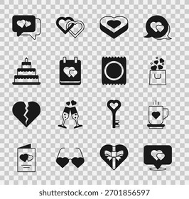 Set Location with heart, Coffee cup and, Shopping bag, Candy shaped box, Calendar, Wedding cake, Heart speech bubble and Condom package icon. Vector