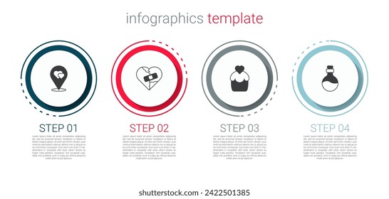 Set Location with heart, Healed broken or divorce, Wedding cake and Bottle love potion. Business infographic template. Vector