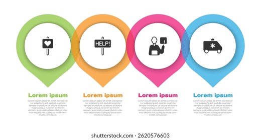 Set Location with heart, Help sign, Teacher and Emergency car. Business infographic template. Vector
